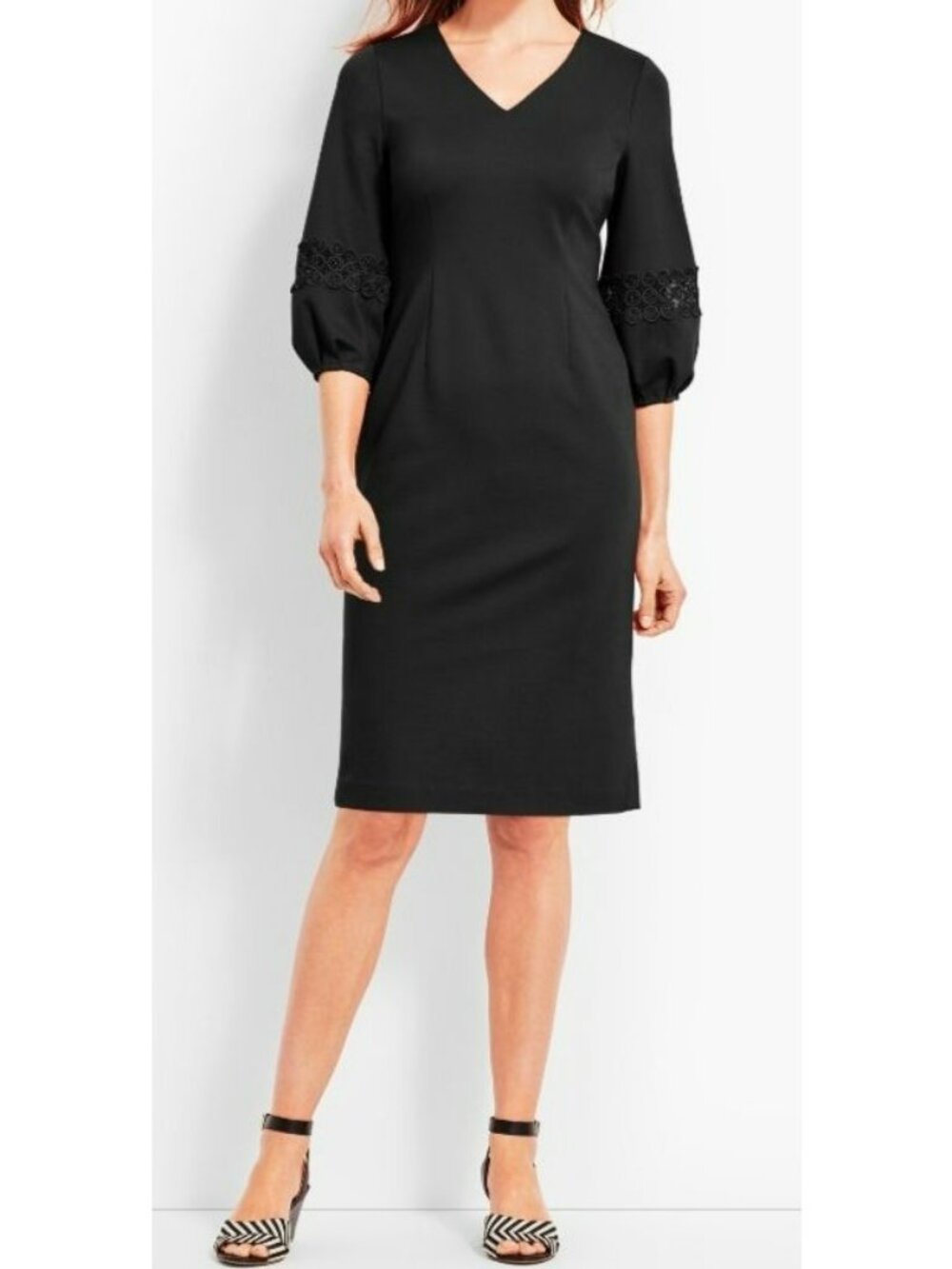 Talbots Ponte Sheath Dress V-Neck 3/4 Balloon Lace Sleeves Size 8 Black